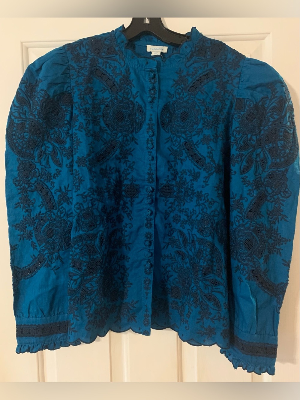 Sundance Vibrant Embroidered Sapphire Blue Women's Blouse L NWOT